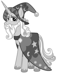 Size: 469x600 | Tagged: safe, edit, star swirl the bearded, pony, unicorn, g4, beard, black and white, cape, cloak, clothes, facial hair, grayscale, hat, male, monochrome, solo, stallion