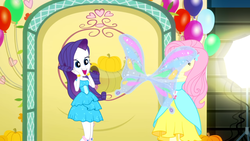 Size: 1366x768 | Tagged: safe, screencap, fluttershy, rarity, a photo booth story, eqg summertime shorts, equestria girls, g4, cornucopia, cute, fall formal outfits, female, glimmer wings, happy, impressed, present, raribetes