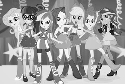 Size: 649x438 | Tagged: safe, edit, applejack, fluttershy, pinkie pie, rainbow dash, rarity, sci-twi, sunset shimmer, twilight sparkle, equestria girls, g4, black and white, boots, clothes, female, glasses, grayscale, high heel boots, humane five, humane seven, humane six, monochrome, shoes, skirt