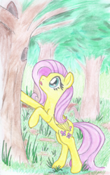 Size: 720x1150 | Tagged: safe, artist:astevenamedwolf, fluttershy, pegasus, pony, g4, curious, female, folded wings, forest, looking at something, looking up, mare, open mouth, raised hoof, solo, tree, wings
