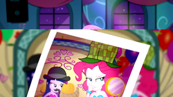 Size: 1366x768 | Tagged: safe, screencap, pinkie pie, twilight sparkle, a photo booth story, eqg summertime shorts, equestria girls, g4, fall formal outfits, photography, scheming, smiling, smirk