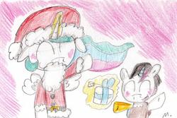 Size: 816x545 | Tagged: safe, artist:ptitemouette, princess celestia, oc, oc:chaotic tornado, hybrid, g4, christmas, clothes, costume, holiday, interspecies offspring, next generation, offspring, parent:discord, parent:princess celestia, parents:dislestia, santa costume
