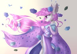 Size: 2560x1792 | Tagged: safe, artist:rinioshi, oc, oc only, earth pony, pony, bipedal, clothes, ear fluff, female, flower, flower in hair, kimono (clothing), mare, simple background, solo, white background