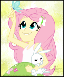 Size: 1749x2110 | Tagged: safe, artist:lunchie, artist:namyg, angel bunny, fluttershy, butterfly, equestria girls, g4, my little pony equestria girls: rainbow rocks, clothes, credits, cute, end credits, female, shine like rainbows, skirt, solo, tank top