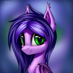 Size: 3000x3000 | Tagged: safe, artist:setharu, oc, oc only, oc:midnight reverie, bat pony, pony, bat pony oc, bust, cheek fluff, chest fluff, commission, ear fluff, female, fluffy, folded wings, green eyes, high res, looking at you, mare, portrait, signature, slit pupils, smiling, solo, zoom layer