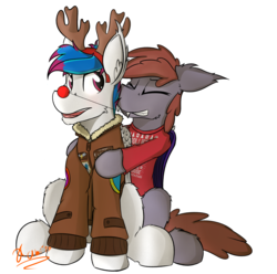 Size: 3000x2980 | Tagged: safe, artist:kamithepony, oc, oc only, oc:kami, oc:lukida, bat pony, deer, pegasus, pony, reindeer, antlers, bomber jacket, clothes, high res, jacket, lukami, red nosed reindeer, reindeer antlers, rudolph, rudolph the red nosed reindeer, sitting, sweater, ugly christmas sweater, wonderbolts