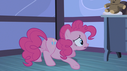 Size: 1280x720 | Tagged: safe, screencap, pinkie pie, earth pony, pony, baby cakes, g4, butt, dresser, female, mare, open mouth, plot, plushie, solo, teddy bear, underhoof