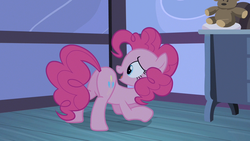 Size: 1280x720 | Tagged: safe, screencap, pinkie pie, earth pony, pony, baby cakes, g4, butt, dresser, female, mare, open mouth, plot, plushie, solo, teddy bear