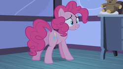 Size: 1280x720 | Tagged: safe, screencap, pinkie pie, earth pony, pony, baby cakes, g4, butt, dresser, female, mare, plot, plushie, smiling, solo, teddy bear