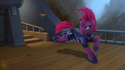 Size: 2500x1406 | Tagged: safe, artist:1jaz, tempest shadow, insect, moth, pony, unicorn, my little pony: the movie, airship, armor, broken horn, deck, eye scar, female, mare, scar, solo, zeppelin