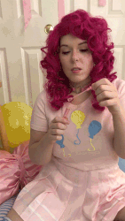Size: 478x850 | Tagged: safe, artist:mintyblitzz, pinkie pie, human, g4, animated, balloon, blowing bubbles, clothes, cosplay, costume, cutie mark on clothes, gif, irl, irl human, photo, solo