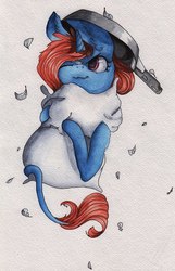 Size: 800x1242 | Tagged: safe, artist:rinioshi, oc, oc only, pony, unicorn, frying pan, hug, leonine tail, one eye closed, pillow, pillow hug, simple background, solo, traditional art, white background