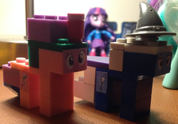 Size: 1871x1301 | Tagged: safe, artist:grapefruitface1, lyra heartstrings, starlight glimmer, trixie, twilight sparkle, equestria girls, g4, customized toy, duo, irl, lego, merchandise, photo, toy