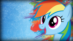 Size: 1920x1080 | Tagged: safe, artist:twopennypenguin, rainbow dash, pegasus, pony, g4, 16:9, bust, colorful, female, grunge, mare, portrait, smiling, solo, vector, wallpaper