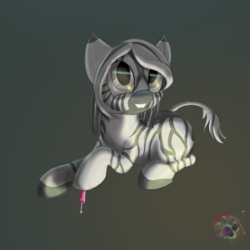 Size: 2500x2500 | Tagged: safe, artist:sloppyhooves, oc, oc only, oc:clip clop, oc:fay, zebra, fallout equestria, cute, female, gradient background, gray background, grin, high res, hoof hold, looking up, mare, prone, raised hoof, screwdriver, simple background, smiling, solo, zebra oc