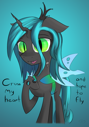 Size: 1622x2329 | Tagged: safe, artist:creepypastapon3, queen chrysalis, changeling, changeling queen, g4, dialogue, female, gradient background, hoof on chest, pinkie promise, solo