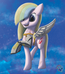 Size: 1500x1700 | Tagged: safe, oc, oc only, oc:filly flash, pegasus, pony, fallout equestria, female, mare, metal wing, prosthetics, scar, solo, uncanny valley
