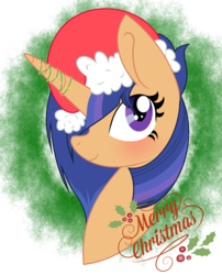 Size: 1553x1925 | Tagged: safe, artist:winglightyt, oc, oc only, oc:velvet sentry, pony, unicorn, bust, christmas, female, hat, holiday, holly, mare, offspring, parent:flash sentry, parent:twilight sparkle, parents:flashlight, portrait, santa hat, simple background, solo, transparent background