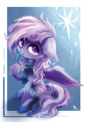 Size: 1024x1448 | Tagged: dead source, safe, artist:spectrumblaze, oc, oc only, oc:starstorm slumber, pegasus, pony, candy, candy cane, clothes, female, floppy ears, fluffy, food, looking at you, mare, scarf, sitting, snow, socks, solo, spread wings, tongue out, wings