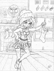 Size: 2550x3316 | Tagged: safe, artist:artponymdp, sunset shimmer, equestria girls, g4, armpits, christmas, christmas stocking, clothes, female, fireplace, high res, holiday, lineart, monochrome, sketch, socks, solo, traditional art, window, wreath