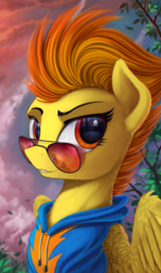 Size: 819x1382 | Tagged: safe, artist:yakovlev-vad, edit, spitfire, pony, bust, clothes, cropped, female, hoodie, looking at you, mare, smiling, solo, sunglasses