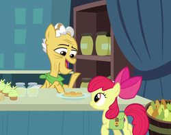 Size: 911x719 | Tagged: safe, screencap, apple bloom, grand pear, earth pony, pony, g4, the perfect pear, duo, female, filly, foal, food, grandfather and grandchild, grandfather and granddaughter, heartwarming, male, pear, pear cupcake, pear jam, saddle bag, stallion