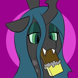 Size: 576x576 | Tagged: source needed, safe, artist:pembroke, queen chrysalis, changeling, changeling queen, g4, biting, chocolate, eating, fangs, female, flat colors, food, horn, simple background