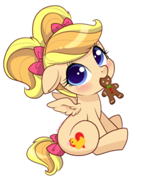 Size: 600x737 | Tagged: safe, artist:mimijuliane, oc, oc only, oc:mimi, pegasus, pony, bow, cookie, cute, female, filly, food, gingerbread man, hair bow, looking at you, mouth hold, ocbetes, simple background, solo, tail bow, transparent background