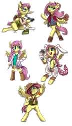Size: 800x1398 | Tagged: dead source, safe, artist:php154, fluttershy, pegasus, semi-anthro, g4, alternate universe, animal costume, bipedal, book, bunny costume, clothes, commission, costume, cowboy hat, feather, female, glasses, hat, kneeling, lab coat, mare, scarf, simple background, sock puppet, solo, syringe, transparent background