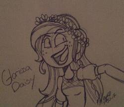 Size: 720x618 | Tagged: safe, artist:visedevergreen, gloriosa daisy, equestria girls, g4, my little pony equestria girls: legend of everfree, clothes, female, floral head wreath, flower, freckles, monochrome, no nose, open mouth, smiling, solo, traditional art