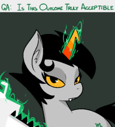 Size: 500x553 | Tagged: dead source, safe, artist:reiduran, pony, unicorn, chainsaw, dialogue, ear fluff, fangs, female, glowing horn, gray background, homestuck, horn, kanaya maryam, lidded eyes, looking at you, magic, mare, ponified, simple background, solo, telekinesis
