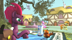 Size: 1280x720 | Tagged: safe, artist:jachau, berry punch, berryshine, carrot top, golden harvest, tempest shadow, bird, pony, unicorn, g4, my little pony: the movie, 3d, bag, blanket, broken horn, drink, eye scar, female, fountain, horn, house, lying down, mare, no armor, pepe (warcraft), quill, scar, scroll, smiling, source filmmaker, tree, warcraft, world of warcraft