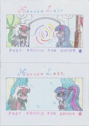 Size: 1763x2492 | Tagged: safe, artist:nephilim rider, sci-twi, twilight sparkle, oc, oc:heaven lost, equestria girls, g4, magic mirror, song reference, traditional art