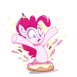 Size: 800x800 | Tagged: safe, artist:heir-of-rick, pinkie pie, earth pony, pony, g4, abstract background, cake, candle, cute, female, food, mare, open mouth, pinkie being pinkie, popping out of a cake, smiling, solo
