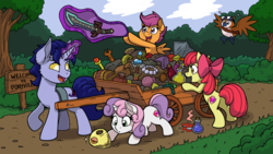 Size: 4800x2700 | Tagged: safe, artist:latecustomer, apple bloom, scootaloo, sweetie belle, oc, bird, night elf, pony, unicorn, g4, bloom butt, butt, cart, commission, cutie mark crusaders, female, filly, pepe (warcraft), plot, potion, quel'delar, smiling, sword, treasure, wallpaper, warcraft, weapon, world of warcraft