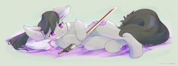 Size: 4258x1600 | Tagged: safe, artist:ancesra, octavia melody, earth pony, pony, g4, bow (instrument), cute, ear fluff, female, fluffy, mare, on side, pillow, solo, underhoof
