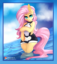 Size: 2521x2837 | Tagged: safe, alternate version, artist:theneithervoid, fluttershy, pony, semi-anthro, g4, bikini, bipedal, clothes, crotchboobikini, cute, female, high res, looking at you, mare, patreon, patreon logo, shyabetes, smiling, solo, swimsuit, water