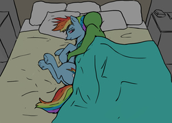 Size: 1152x823 | Tagged: safe, artist:ara, color edit, edit, rainbow dash, oc, oc:anon, human, pegasus, pony, g4, bed, colored, cuddling, female, human on pony snuggling, mare, pillow, snuggling, spooning, underhoof
