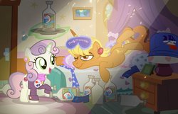Size: 1036x666 | Tagged: safe, artist:pixelkitties, ms. harshwhinny, sweetie belle, earth pony, pony, unicorn, g4, alcohol, bagpipes o'toole, bed, female, filly, food, hangover, magic, mare, open mouth, s'mores, scotch, sleep mask, vodka, votehorse, whiskey