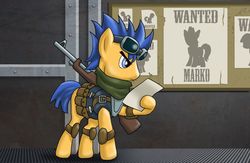 Size: 1600x1046 | Tagged: safe, artist:brony-commentator, artist:drawponies, flash sentry, pegasus, pony, fallout equestria, g4, bounty hunter, clothes, commission, fallout, goggles, gun, male, rifle, scarf, solo, stallion, wanted poster, weapon