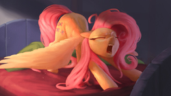 Size: 3556x2000 | Tagged: safe, artist:starblaze25, fluttershy, pegasus, pony, g4, bed, behaving like a dog, blanket, crepuscular rays, cute, eyes closed, face down ass up, female, floppy ears, fluffy, flutterdog, high res, house, mare, morning ponies, open mouth, pandiculation, shyabetes, solo, spread wings, stretching, teeth, wallpaper, wings, yawn