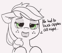 Size: 2112x1827 | Tagged: safe, artist:pabbley, applejack, earth pony, pony, g4, 30 minute art challenge, addiction, applebucking, dialogue, female, floppy ears, freckles, lidded eyes, mare, messy mane, monochrome, obsession, partial color, simple background, sleep deprivation, solo, tired, white background