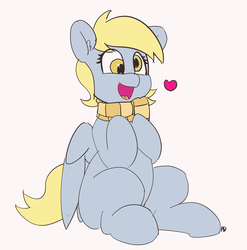 Size: 4227x4284 | Tagged: safe, artist:pabbley, derpy hooves, pony, g4, 30 minute art challenge, absurd resolution, clothes, cute, derpabetes, ear fluff, female, heart, mare, open mouth, scarf, simple background, sitting, smiling, solo, white background