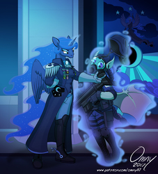 Size: 1200x1322 | Tagged: safe, artist:omny87, princess luna, oc, oc:specter ace, alicorn, bat pony, anthro, boots, braid, braided ponytail, braided tail, clothes, cutie mark, cutie mark on clothes, epaulettes, gas mask, gloves, gun, helmet, levitation, magic, mask, military, military uniform, night guard, purple eyes, royal guard, scar-h, shoes, spurs, sweat, tapestry, telekinesis, trenchcoat, trigger discipline, weapon