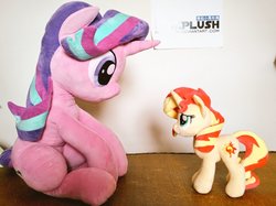 Size: 1024x767 | Tagged: safe, artist:nekokevin, starlight glimmer, sunset shimmer, pony, unicorn, g4, cute, duo, female, glimmerbetes, irl, life size, looking at each other, looking down, looking up, mare, photo, plushie, shimmerbetes, sitting, size difference, smiling