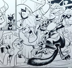 Size: 1200x1123 | Tagged: safe, artist:andypriceart, idw, abyssinian king, prince rutherford, twilight sparkle, abyssinian, alicorn, cat, fish, parrot pirates, pony, yak, anthro, digitigrade anthro, g4, my little pony: the movie, spoiler:comic, spoiler:comic61, black and white, cheese, dead, female, food, grayscale, male, mare, monochrome, pirate, strangling, twilight sparkle (alicorn), x eyes