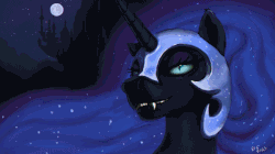Size: 800x449 | Tagged: safe, artist:bigrigs, nightmare moon, alicorn, pony, g4, animated, boop, disembodied hand, fangs, female, hand, mare, night, signature, slit pupils, solo focus