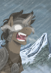 Size: 848x1200 | Tagged: safe, artist:robbiecave, pony, unicorn, crossover, dovahkiin, fangs, fus-ro-dah, male, mountain, ponified, skyrim, snow, solo, stallion, the elder scrolls