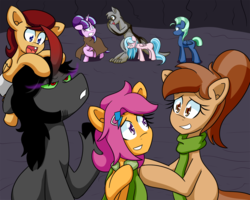 Size: 1000x800 | Tagged: safe, artist:jake heritagu, artist:wiggles, king sombra, scootaloo, starlight glimmer, oc, oc:coffee talk, oc:drizzle, oc:freckles, oc:lightning blitz, oc:sea breeze, diamond dog, pegasus, pony, wolf, ask king sombra, comic:ask motherly scootaloo, g4, baby, baby pony, cloak, clothes, colt, crystal wolf, diamond dog oc, hairpin, male, motherly scootaloo, offspring, older, older scootaloo, parent:rain catcher, parent:scootaloo, parents:catcherloo, ponies riding ponies, pony hat, riding, scarf