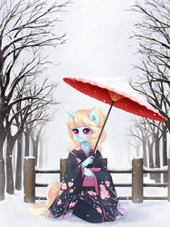 Size: 1024x1365 | Tagged: safe, artist:exceru-karina, oc, oc only, oc:strawberry ice, anthro, anthro oc, clothes, commission, female, kimono (clothing), kneeling, mare, smiling, snow, snowfall, solo, umbrella, ych result